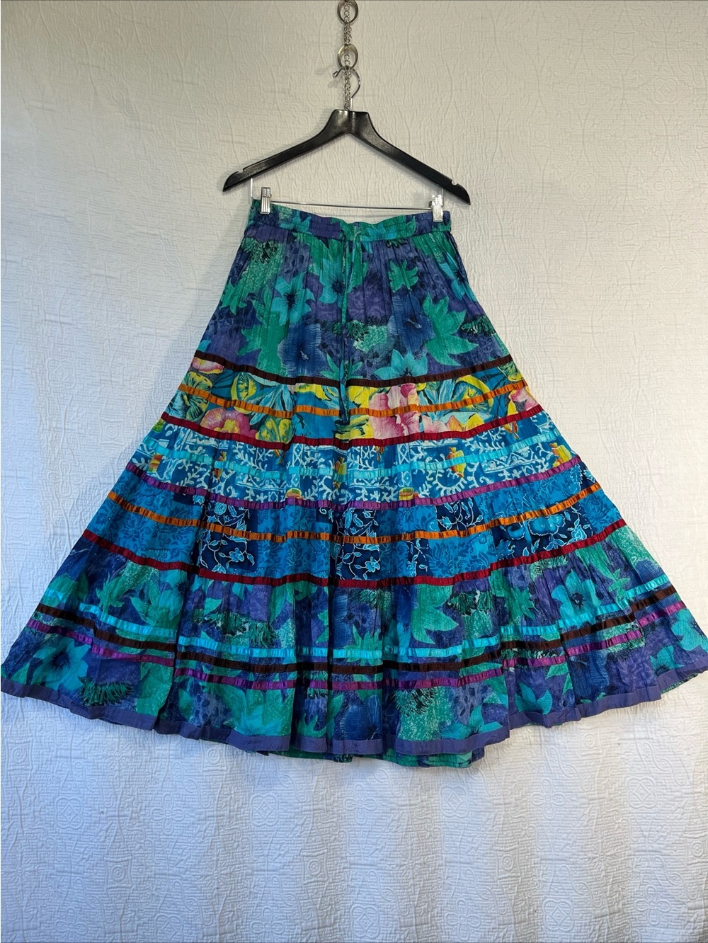 Vintage Lotus Patchwork Tiered Skirt Stripes Gypsy Bohemian Hippie Floral Cotton